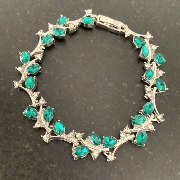 Green Gemstone Vine & Leaf Bridal Bracelet with CZ Crystals in Silver Tone Metal - Picture 3 of 11